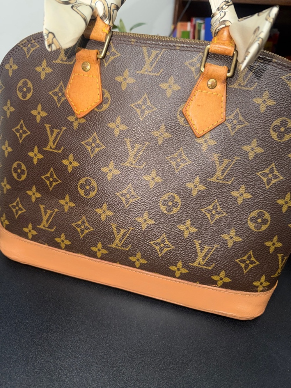Louis Vuitton Alma Brown Monogram Satchel with Tan Trim and Red Accent Scarves - Picture 4 of 14